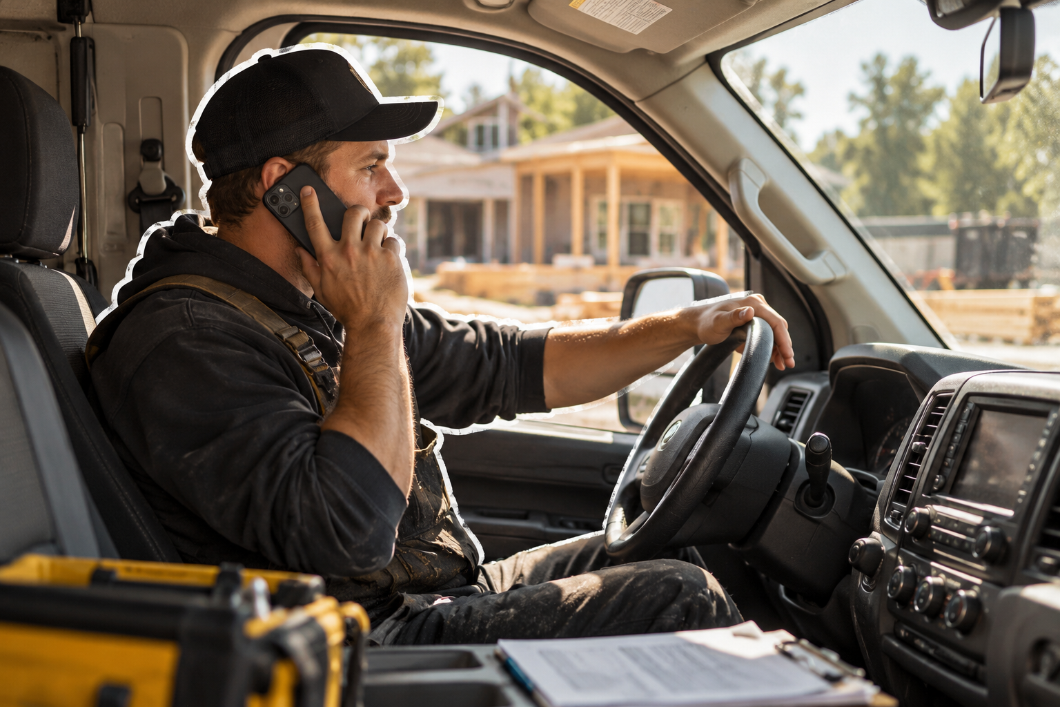 Artisan au téléphone dans son utilitaire-1