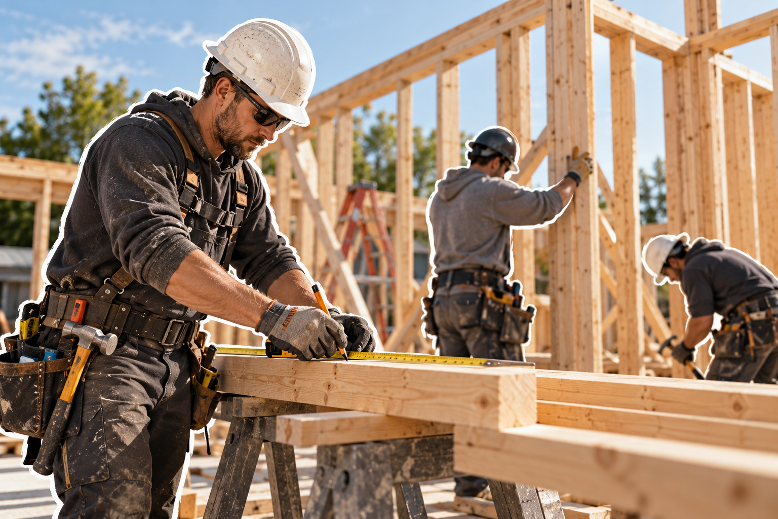 Charpentiers au travail sur une maison en bois
