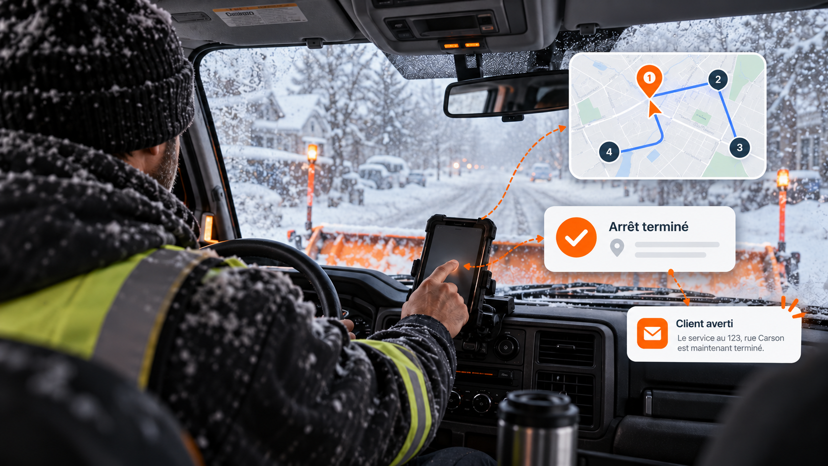 Déneigeuse connectée dans la neige